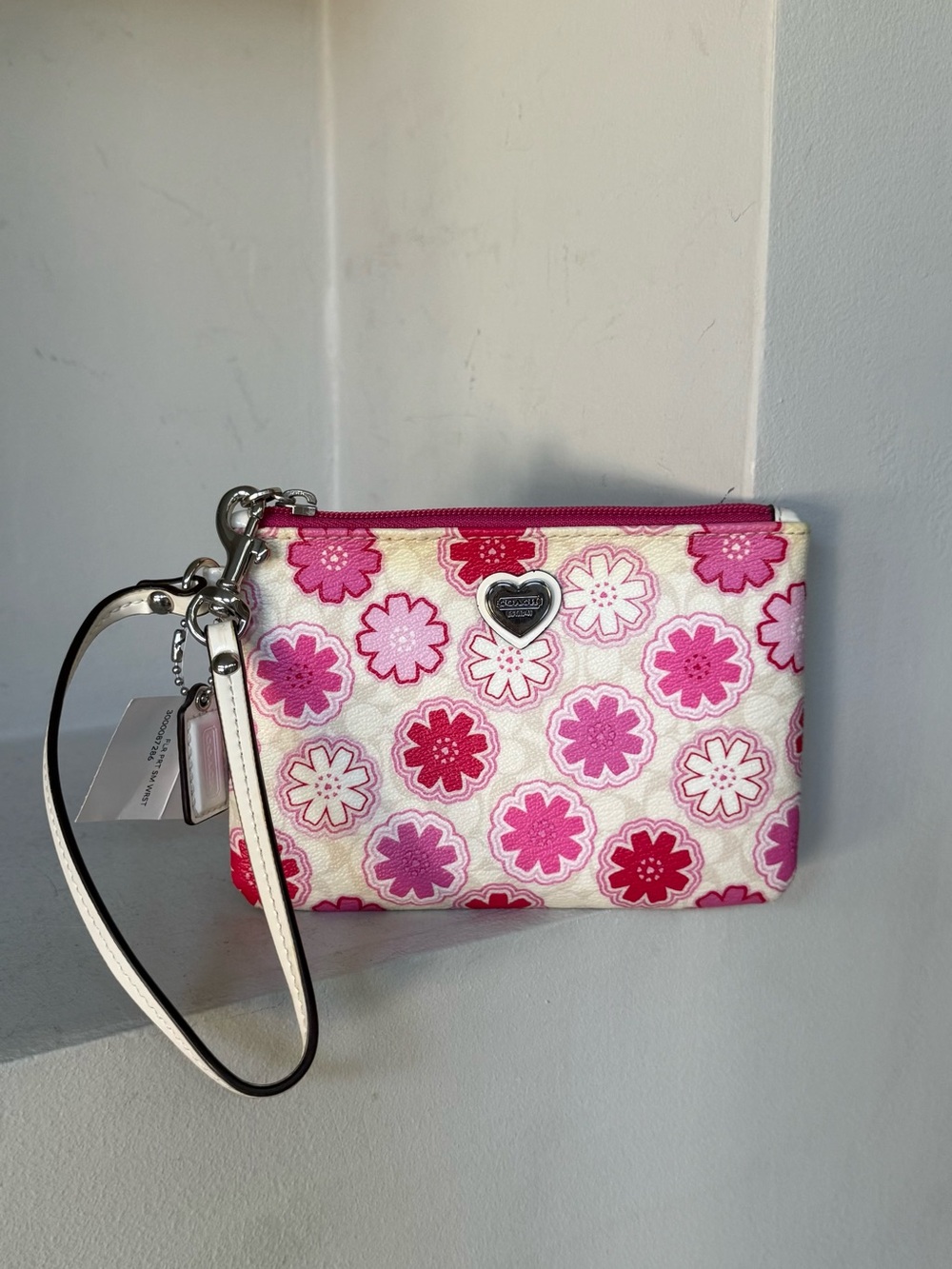NWT Coach Pink & Cream Floral Heart Charm Wristlet Y2K